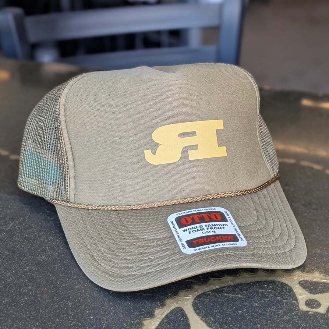 REEB Backwards R Trucker Hat, Tan